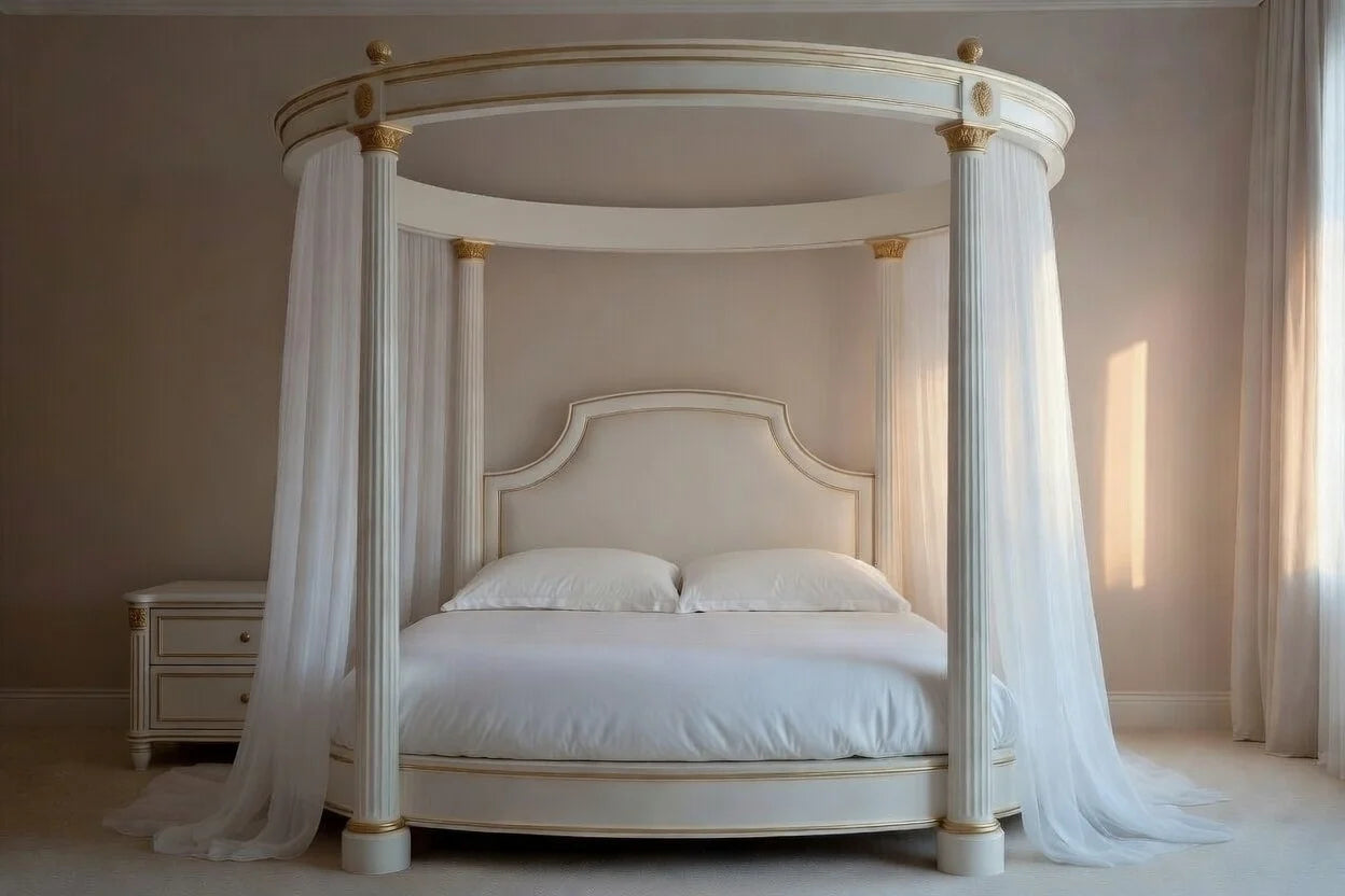 Four-poster bed with canopy and white bedding in a bedroom setting.