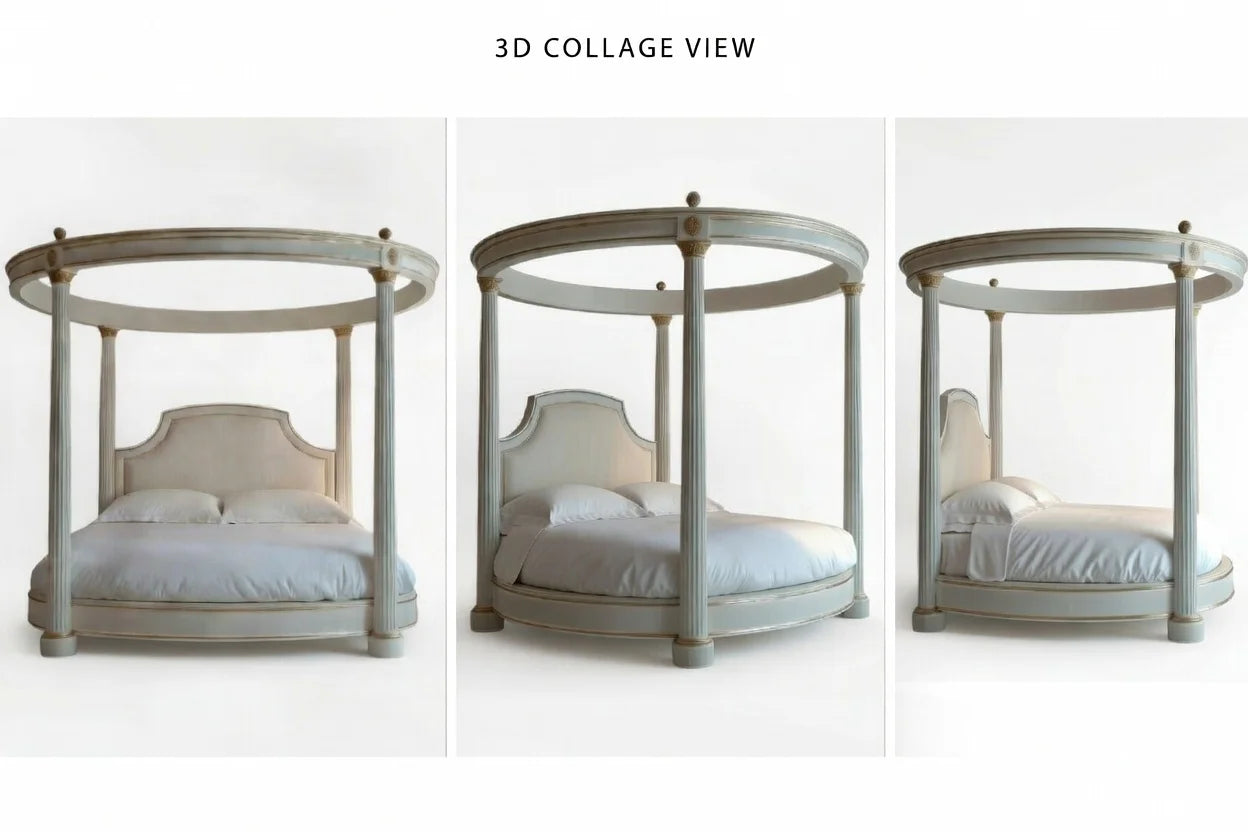 3D view collage of a luxury palatial circular canopy bed frame in solid teak wood for high-end interior design.