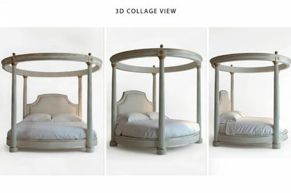 3D view collage of a luxury palatial circular canopy bed frame in solid teak wood for high-end interior design.