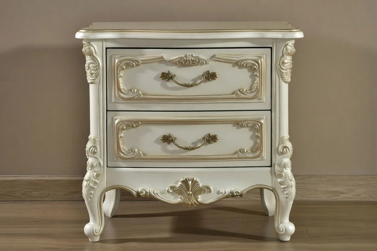 Luxury solid teak nightstand with two drawers in antique white and gold finish to match the royal round four poster bed.