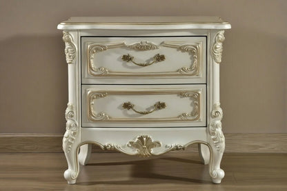 Luxury solid teak nightstand with two drawers in antique white and gold finish to match the royal round four poster bed.