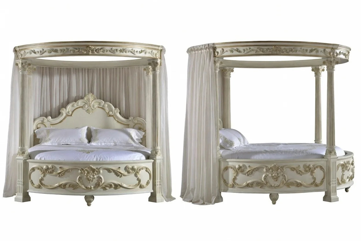 3D collage view of a luxury palatial circular canopy bed frame in solid teak wood showing multiple angles for interior designers.
