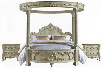 Decorative canopy bed with matching nightstands on a white background