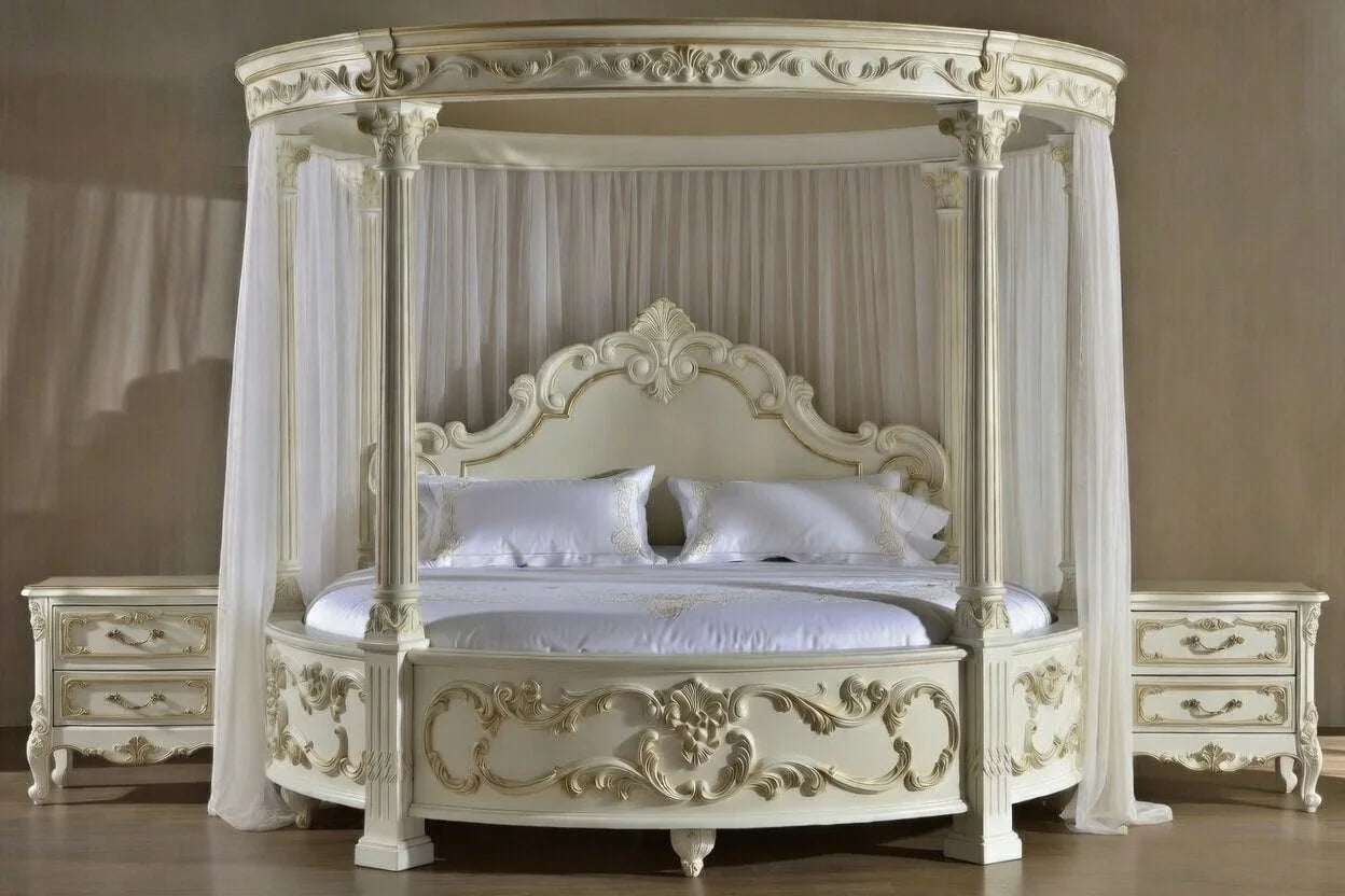 Bespoke hand-carved solid teak round four poster bed with antique white and gold finish and sheer circular canopy drapes