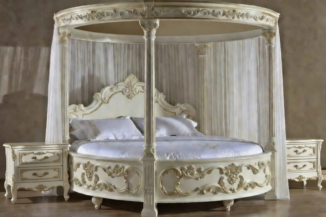 Structural side view of a bespoke circular canopy bed frame showing premium solid teak construction and gold leaf detailing.