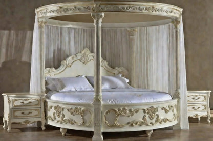 Structural side view of a bespoke circular canopy bed frame showing premium solid teak construction and gold leaf detailing.