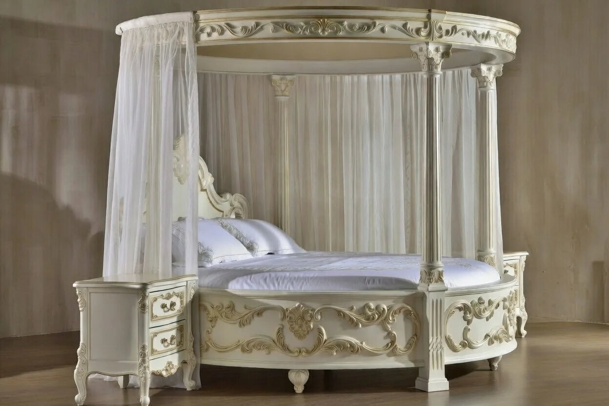  side view of a circular canopy bed frame showing premium solid teak construction.