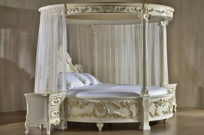  side view of a circular canopy bed frame showing premium solid teak construction.