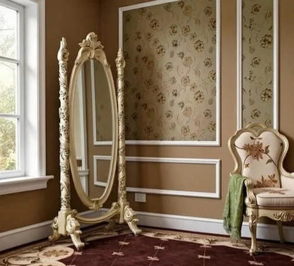Golden Cheval Standing Hand Carved Ornate Mirror |Dressing Mirror | Luxury Antique Gold & Cream Finish Full-Length Floor Mirror|