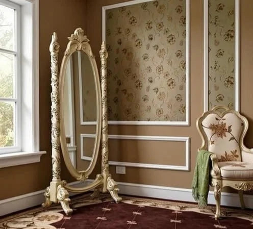 Golden Cheval Standing Hand Carved Ornate Mirror |Dressing Mirror | Luxury Antique Gold & Cream Finish Full-Length Floor Mirror|