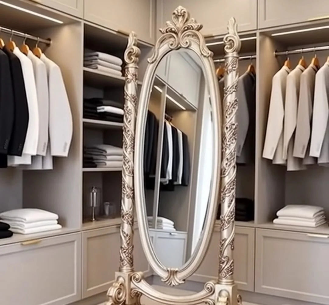 Golden Cheval Standing Hand Carved Ornate Mirror |Dressing Mirror | Luxury Antique Gold & Cream Finish Full-Length Floor Mirror|