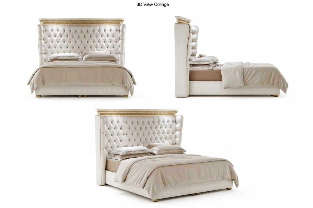 Photorealistic 3D render of bespoke royal tufted wingback shelter panel bed, luxury upholstered hotel-style bed with tall headboard and gold trim