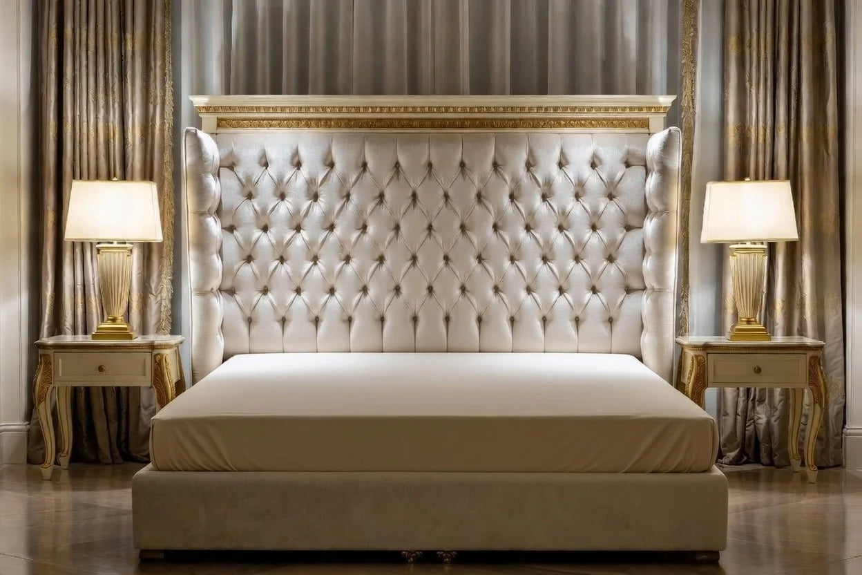 Royal tufted wingback shelter panel bed with tall upholstered headboard, hand-carved solid wood frame, gold trim, luxury hotel-style designer bed