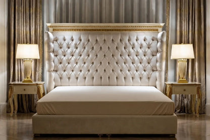 Royal tufted wingback shelter panel bed with tall upholstered headboard, hand-carved solid wood frame, gold trim, luxury hotel-style designer bed