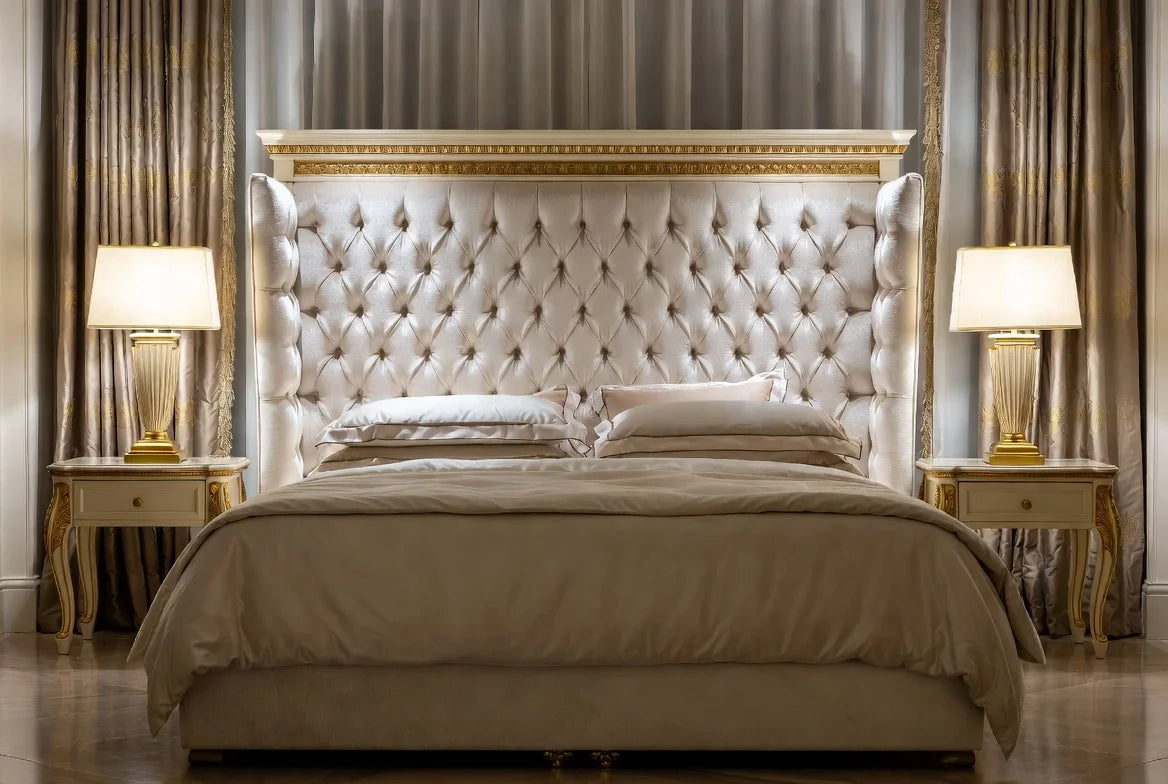 Royal tufted wingback shelter panel bed, custom hand-carved solid wood luxury upholstered hotel-style bed frame with tall headboard by Makin’ It Home