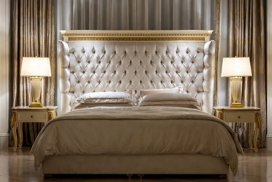 Royal tufted wingback shelter panel bed, custom hand-carved solid wood luxury upholstered hotel-style bed frame with tall headboard by Makin’ It Home