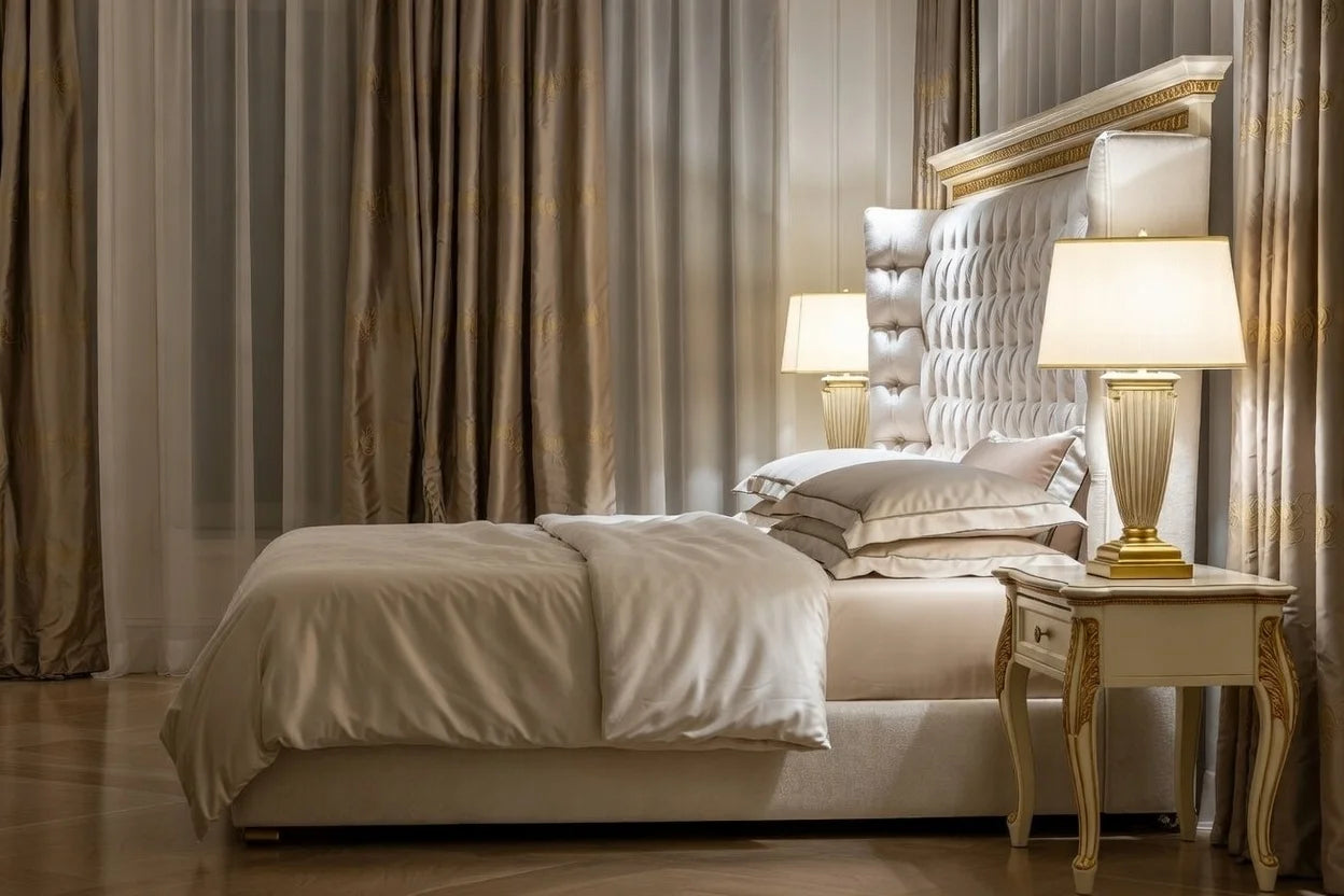 Side view of royal tufted wingback shelter bed showing thick upholstered side wings, tall padded headboard, bespoke luxury solid wood bed frame