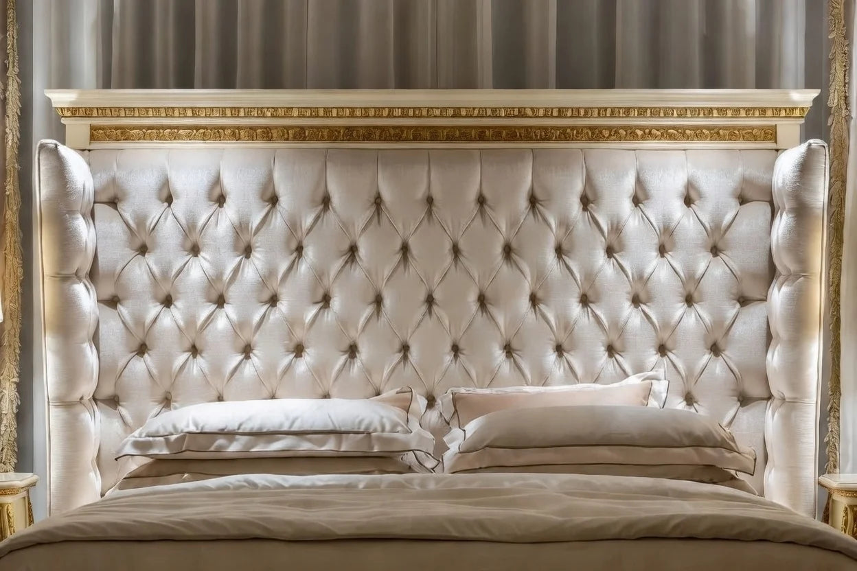 Close-up of deep button tufted wingback headboard in premium fabric, hand-crafted royal luxury shelter bed with gold carved detailing