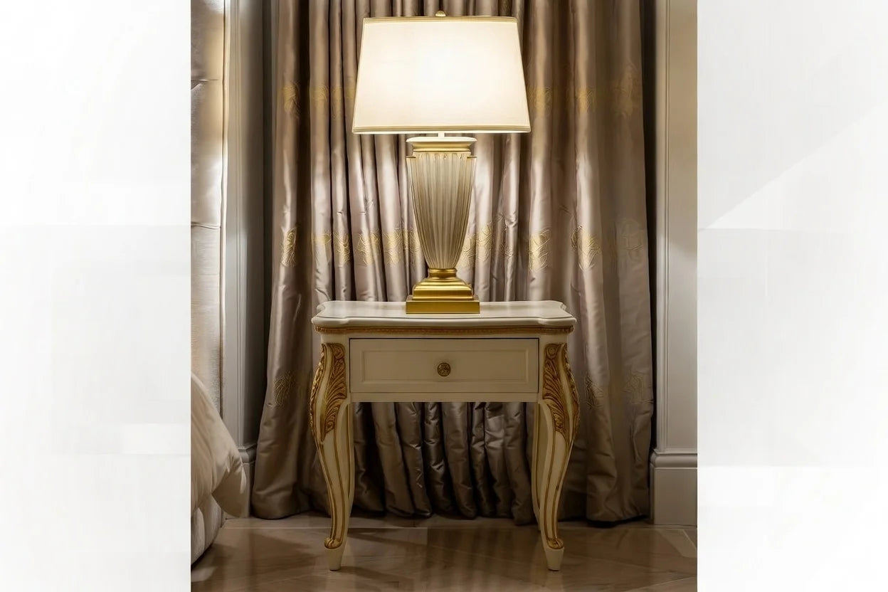 Royal luxury tufted wingback shelter bed with matching classic nightstands and lamps, hand-carved solid wood furniture set for high-end bedroom