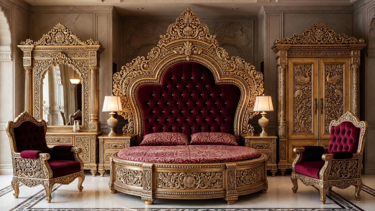 Full view of the Royal Victorian bedroom suite featuring a bright gold round bed with burgundy velvet tufting, peacock-carved wardrobe, and matching vanity