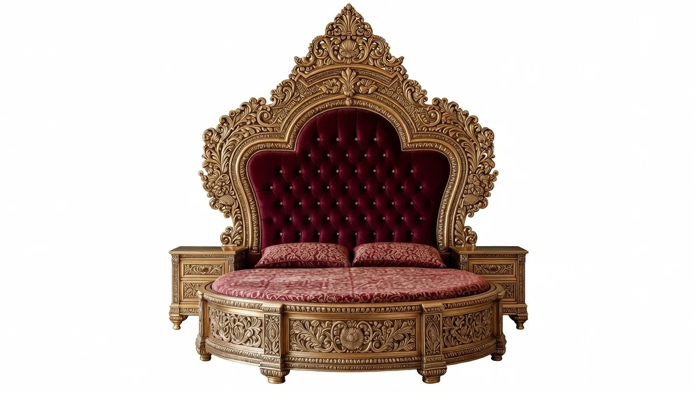 Close-up of the majestic gold crown carving on the top of the round bed headboard