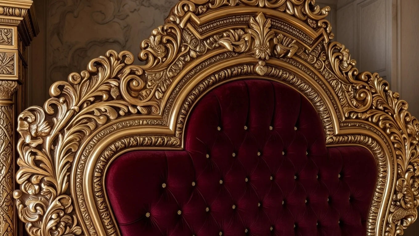 Detailed shot of the intricate antique gold leaf scrollwork and burgundy velvet upholstery on the headboard.