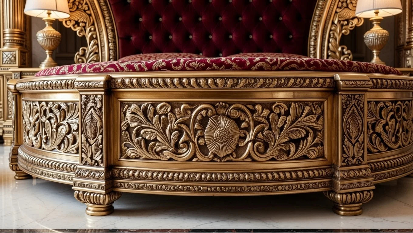 Curved footboard of the solid wood round bed featuring heavy gold floral relief carving and pillar accents