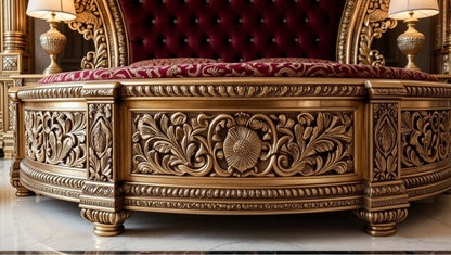 Curved footboard of the solid wood round bed featuring heavy gold floral relief carving and pillar accents