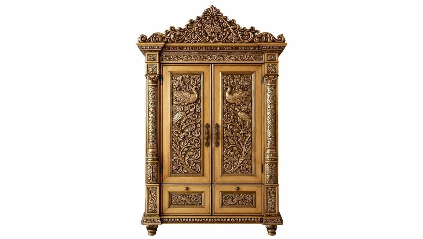 Two-door bright gold wardrobe featuring intricate hand-carved peacock and bird motifs on the front panels