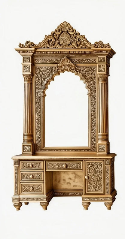 Royal gold dressing table unit with a grand arched mirror, carved pillars, and multiple storage drawers