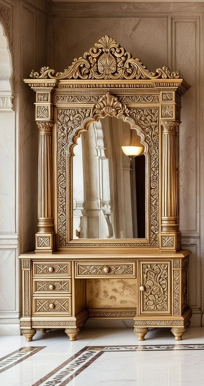 Angled view of the gold Victorian vanity dresser showing the side carvings and mirror reflection