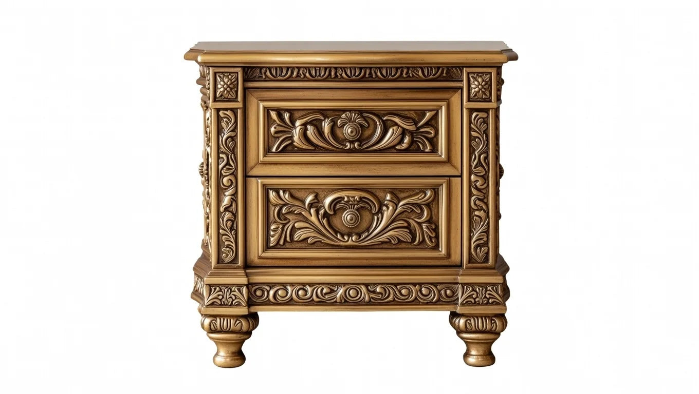 Luxury gold bedside table with two drawers featuring floral carvings and turned legs