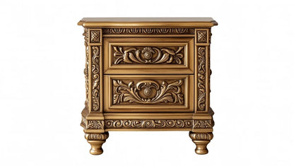 Luxury gold bedside table with two drawers featuring floral carvings and turned legs