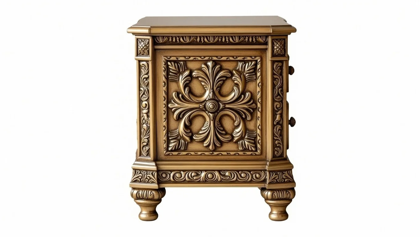 Luxury gold bedside table with two drawers featuring floral carvings and turned legs