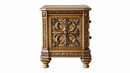 Luxury gold bedside table with two drawers featuring floral carvings and turned legs
