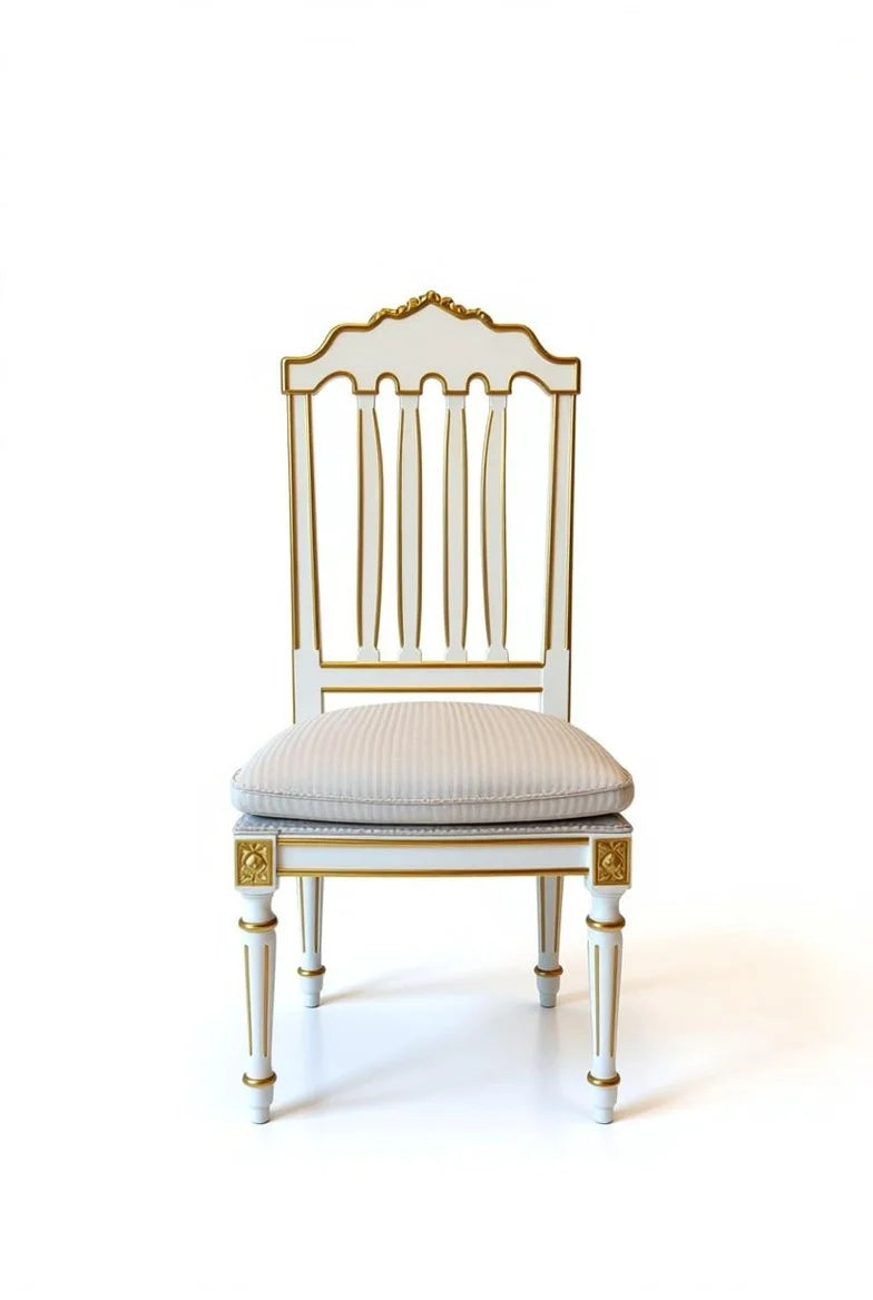 French Empire style dining chair in royal white & gold with hand-carved ornate frame, cream upholstered seat, and classical cabriole legs, luxury palace design