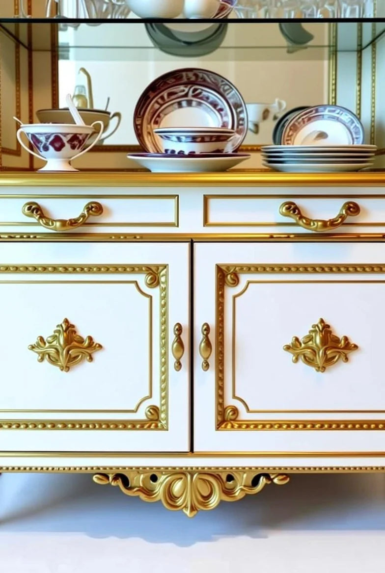 Royal white & gold display cabinet in French Empire style with ornate gold leaf carvings, glass shelves, and neoclassical architectural details