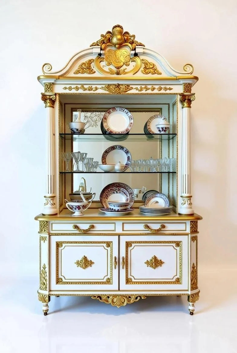 Royal white & gold display cabinet in French Empire style with ornate gold leaf carvings, glass shelves, and neoclassical architectural details