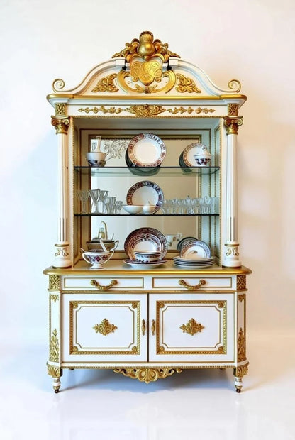 Royal white & gold display cabinet in French Empire style with ornate gold leaf carvings, glass shelves, and neoclassical architectural details