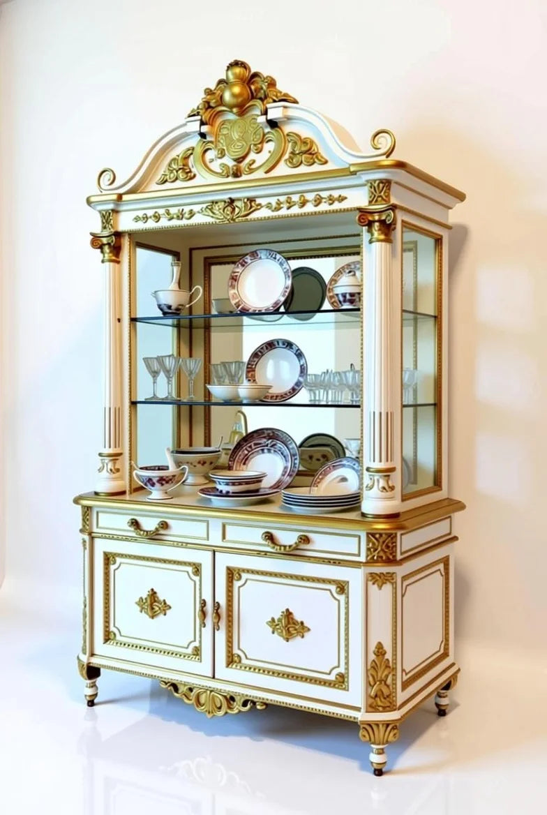 Royal white & gold display cabinet in French Empire style with ornate gold leaf carvings, glass shelves, and neoclassical architectural details
