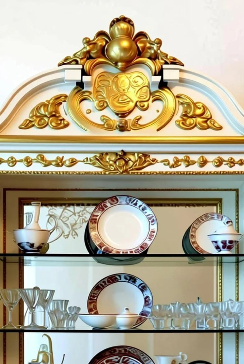 Royal white & gold display cabinet in French Empire style with ornate gold leaf carvings, glass shelves, and neoclassical architectural details