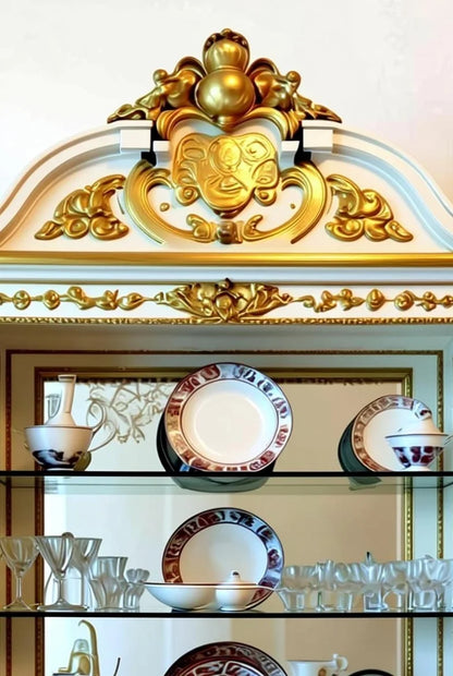 Royal white & gold display cabinet in French Empire style with ornate gold leaf carvings, glass shelves, and neoclassical architectural details