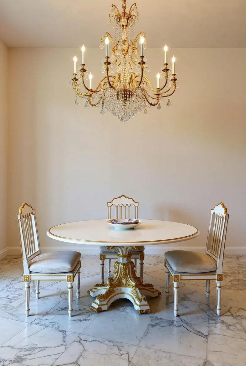 Royal white & gold round dining set in luxurious Empire style with hand-carved pedestal table, ornate gold accents, and matching chairs in opulent palace interior