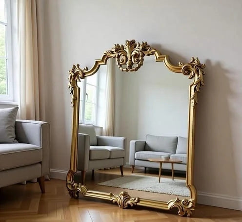 Regal Gold Antique Handcarved Wooden Mirror | Dressing Table Mirror | Vintage French Baroque Style Mirror |