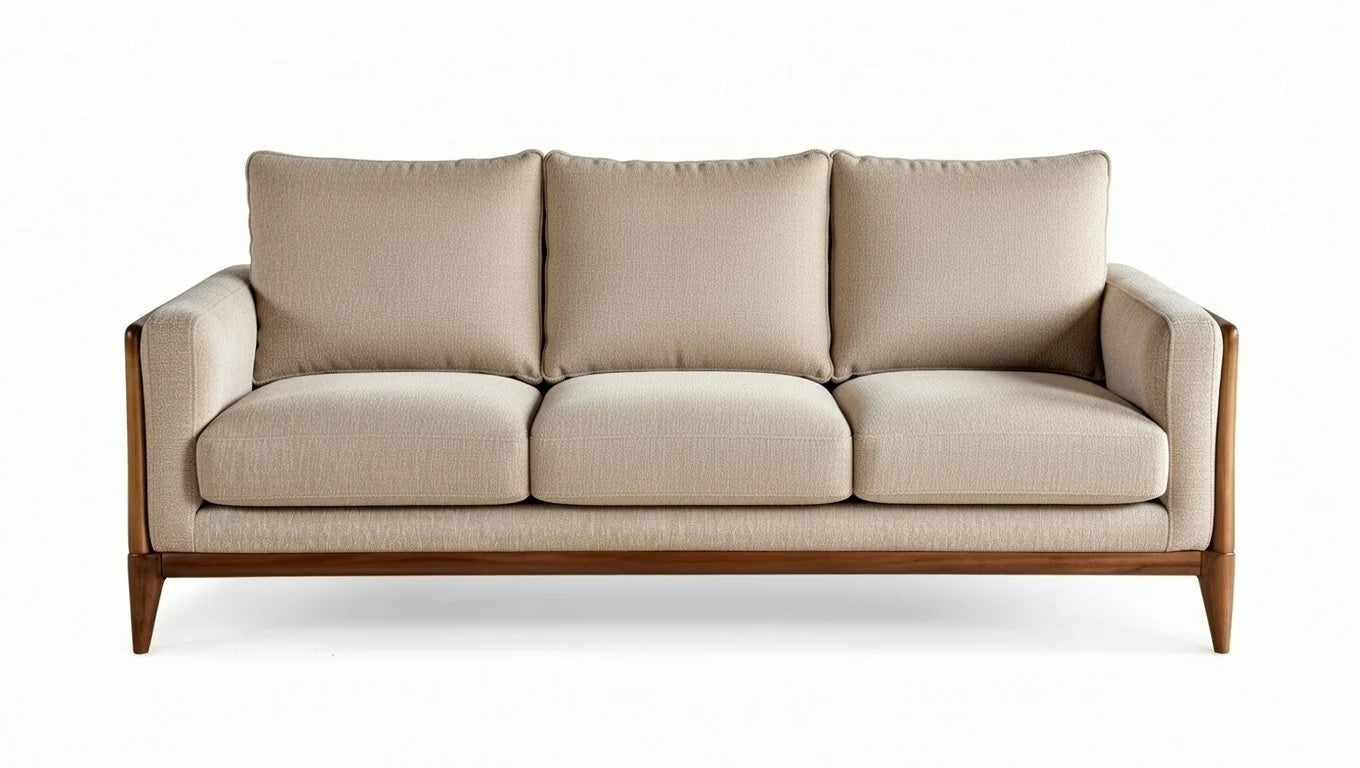 Scandinavian inspired mid-century modern 3 seater sofa in beige textured fabric with wood frame and tapered legs