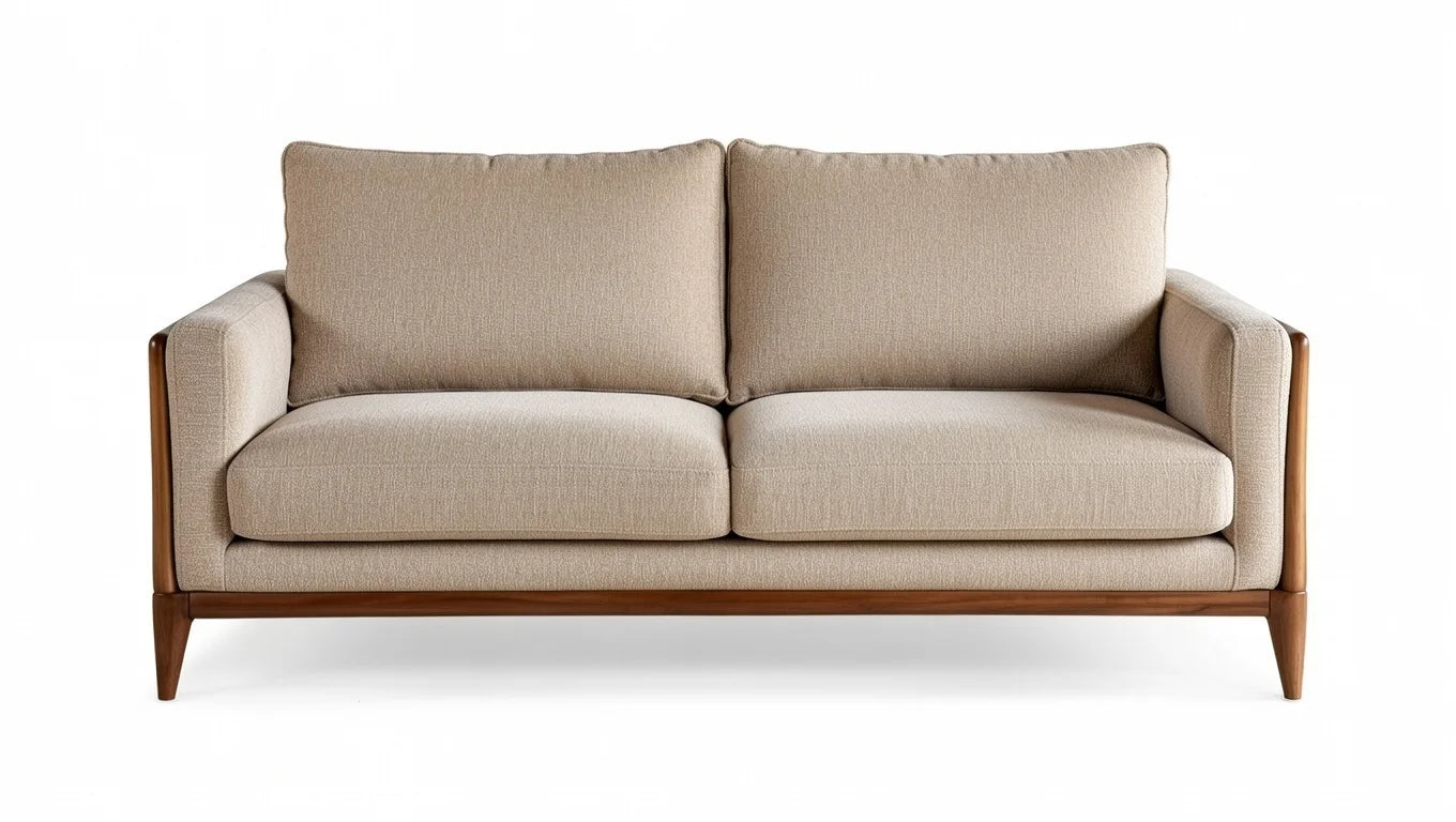 Scandinavian inspired mid-century modern 2 seater sofa in beige textured fabric with  wood frame and tapered legs