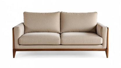 Scandinavian inspired mid-century modern 2 seater sofa in beige textured fabric with  wood frame and tapered legs