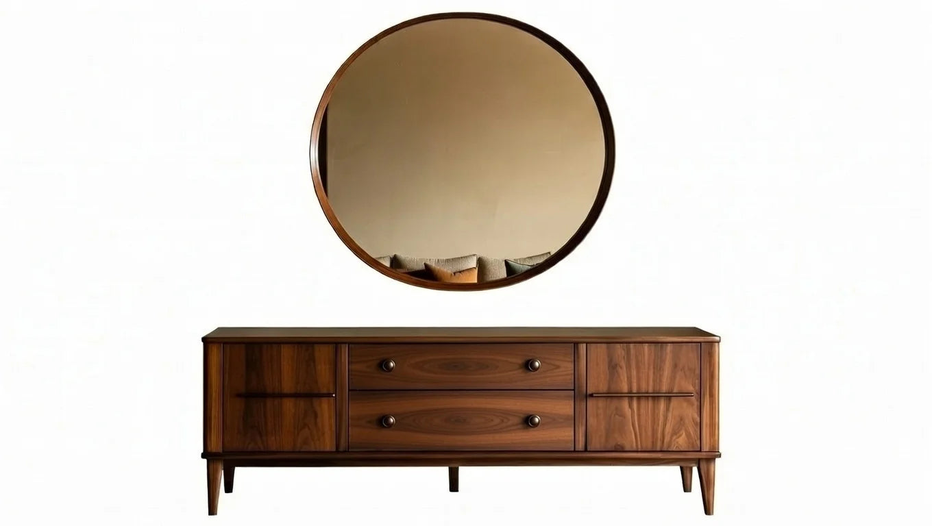 wood console sideboard with large round mirror – elegant addition to mid-century modern living