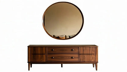wood console sideboard with large round mirror – elegant addition to mid-century modern living