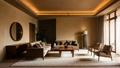 Complete Scandinavian inspired mid-century modern living room set with 3 seater sofa, armchairs, coffee table and console mirror in beige and walnut